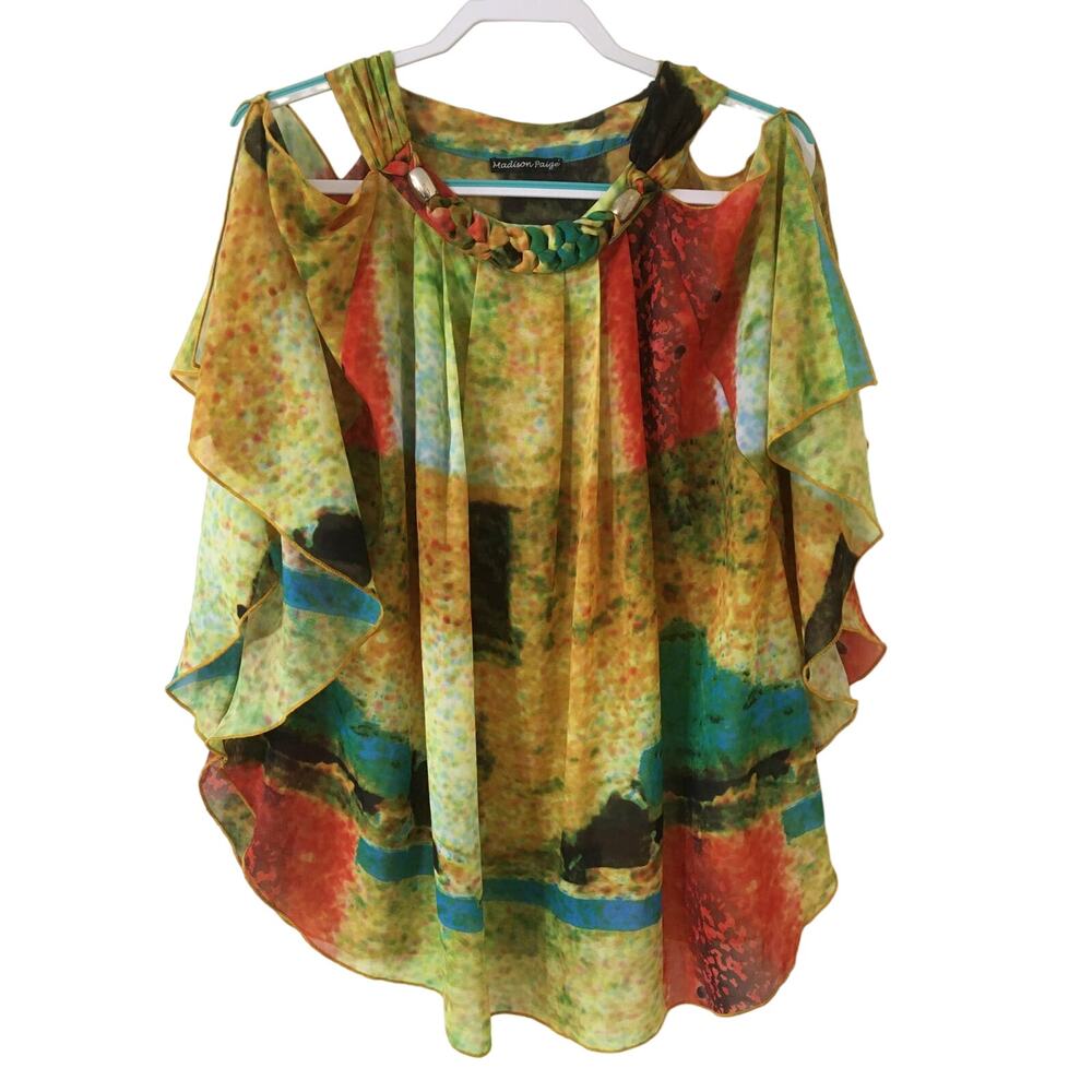 Madison Paige XL Cold Shoulder Halter Top Braided Gathered Neckline Multicolor